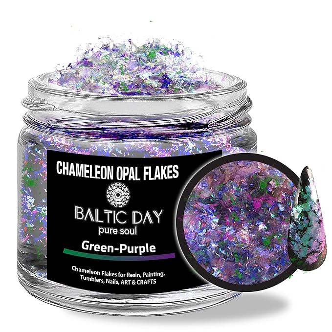 BALTIC DAY Chameleon Opal Flakes [Green/Purple] – Color Shift Mica Pigment Powder for Epoxy Resin, Tumblers, Nail Art, Eyeshadow, Makeup, Molds, and More – Chrome Color Shift Powder