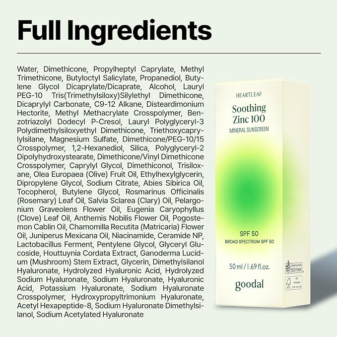 GOODAL Heartleaf Soothing Zinc 100 Mineral Sunscreen SPF 50, Zinc Oxide Korean Face Sunscreen for Sensitive & Acne-Prone Skin, No White Cast, Reef-Friendly, Vegan, Korean Skincare, 1.69 Fl Oz