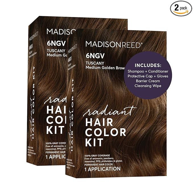 Madison Reed Radiant Hair Color Kit - 6NGV Medium Golden Brown (Tuscany Brown), Dimensional Gray Hair Blending Permanent Hair Dye, PPD-Free & Ammonia-Free, 2 Pack