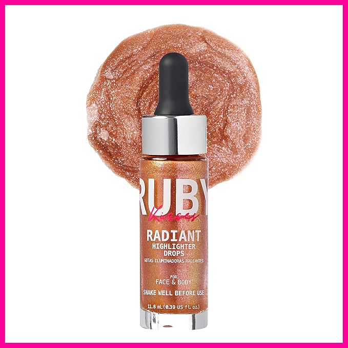 Ruby Kisses Radiant Drops, Shimmer Liquid Highlighter Makeup, Smooth Illuminator for Face Body, Natural Glow Dewiness Glitter for Skin (Blush Gold)