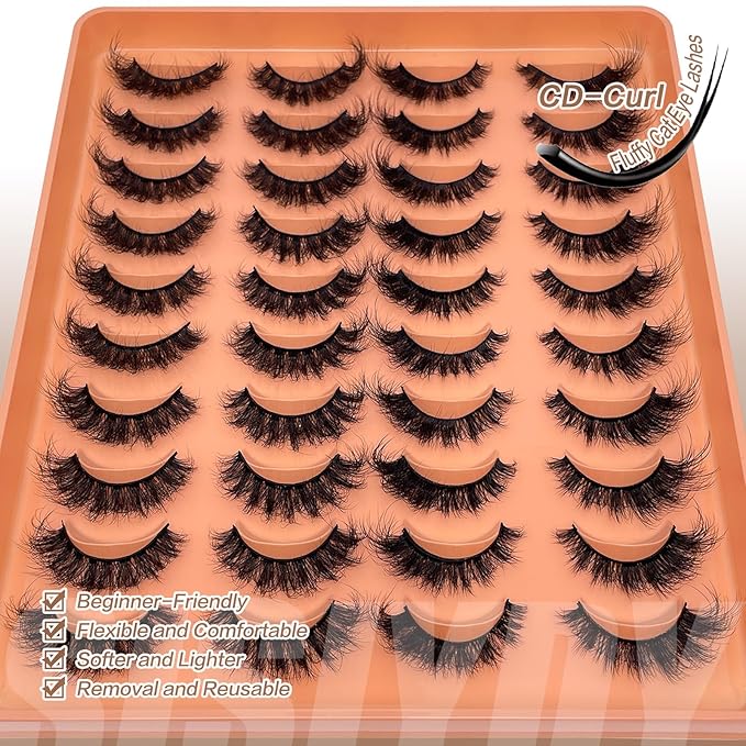 Fluffy Lashes Wispy Mink False Eyelashes Cat Eye Look Faux Mink Full Lashes Strips Dramatic 18mm D Curl Fox Eyelashes Multipack Pack 2 Styles Mixed YH307