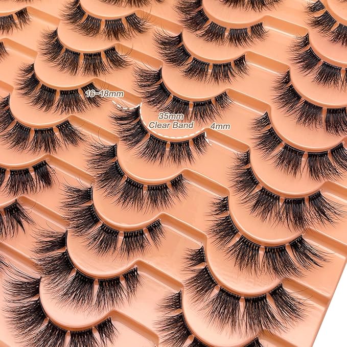 Fake Natural Lashes Wispy Short Fluffy Mink EyeLashes Clear Band C Curl 16mm 3D Faux Mink Eyelash Strips Soft Cat Eye Natural Look Lahses Pack YH303