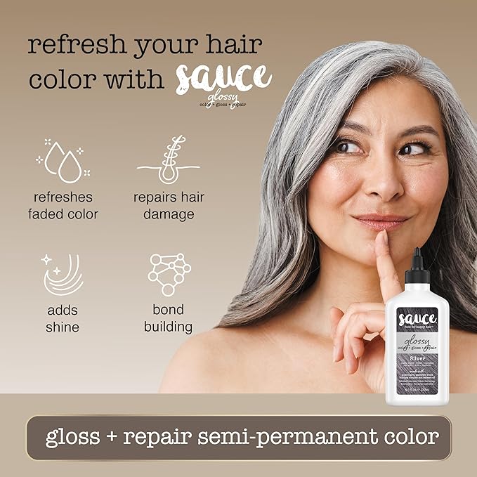 Sauce Beauty Glossy Color + Gloss + Repair, Silver, Semi Permanent Hair Dye with Bond-Building and Color-Fade Protection Technology, Adds Shine & Deep Moisture, Lasts 4-8 Weeks, Stops Fade
