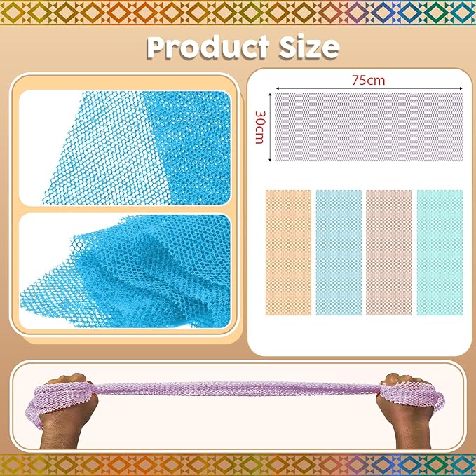 5 Pieces African Net Sponge – Deep Cleansing & Exfoliating Mesh for Glowing Skin – Stretchable, Quick-Dry Material for Daily Shower Use (Purple, Orange, Blue, Green, Brown)
