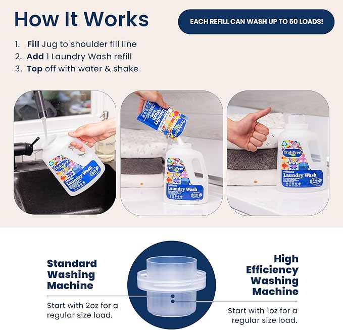 Truly Free Natural Laundry Detergent for Sensitive Skin | Eco Friendly, Plant Based, Baby Clothes Safe | Clean & Easy Powder to Liquid, 1 Pack Detergent + 1 Empty Reusable Jug | Unscented, 50 Loads