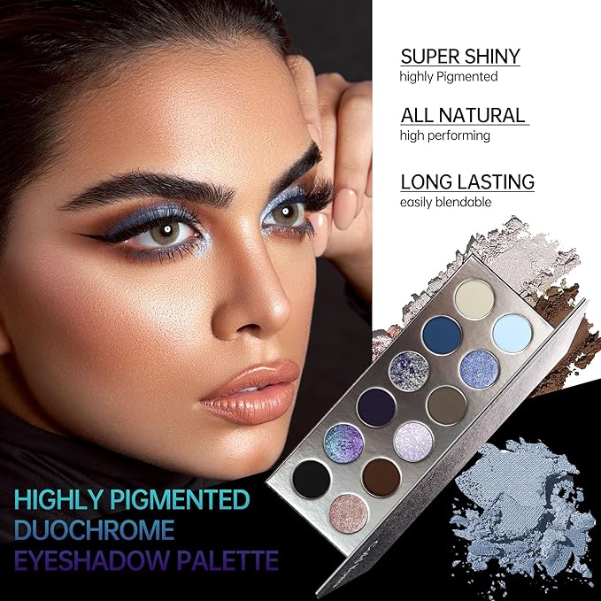 Professional Super Shiny 12 Color Eyeshadow Palette, Multichrome Chameleon Eyeshadow Makeup, Sparkle Duochrome & Matte Eye Shadow,Long Lasting,Easily Blendable,Highly Pigmented, Vegan
