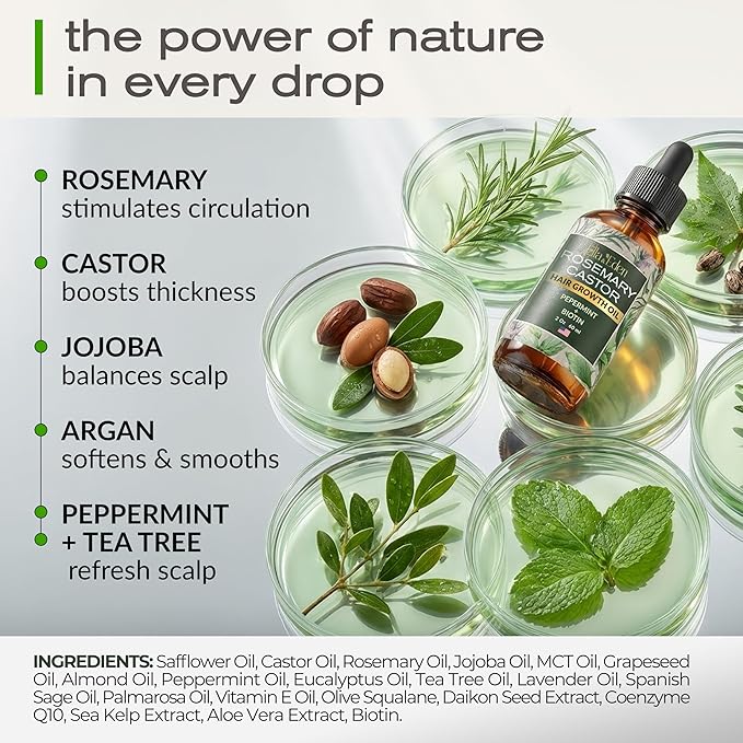 Ella & Eden Hair Growth Oil with Rosemary, Castor, Peppermint Oils & Biotin - Dry Scalp Treatment - Strengthening, Repairing, Soothing - 2 Fl Oz Glass Bottle