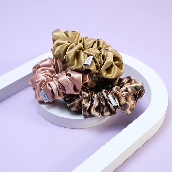 MTSNOO Silk Scrunchies, 100% Pure 22 Momme Mulberry, 3 Pack, RoseGold+GoldLeopard+Gold, Hair Ties for Curly Hair, Elastic Band, Scrunchies Set for Women Girls