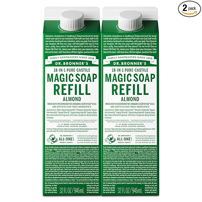 Dr. Bronner's Magic Soap Pure-Castile Liquid Soap Refill - Made with Regenerative Organic Certified Oils - 18-in-1 Uses for Face, Body Wash, Hand Soap Refill, Vegan Bath Soaps- Almond, 2-Pack, 32oz