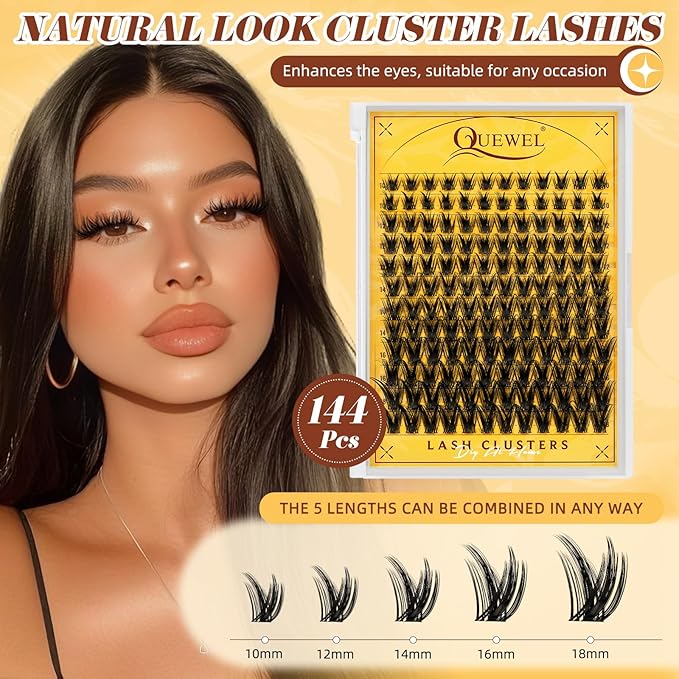 QUEWEL Lash Clusters Kit, 144PCS Natural Lash Custers with Lash Bond and Seal, C Curl Wispy Cluster Lashes Natural Look with Thin Band Easy to use for Beginners (DJ-FD-F)