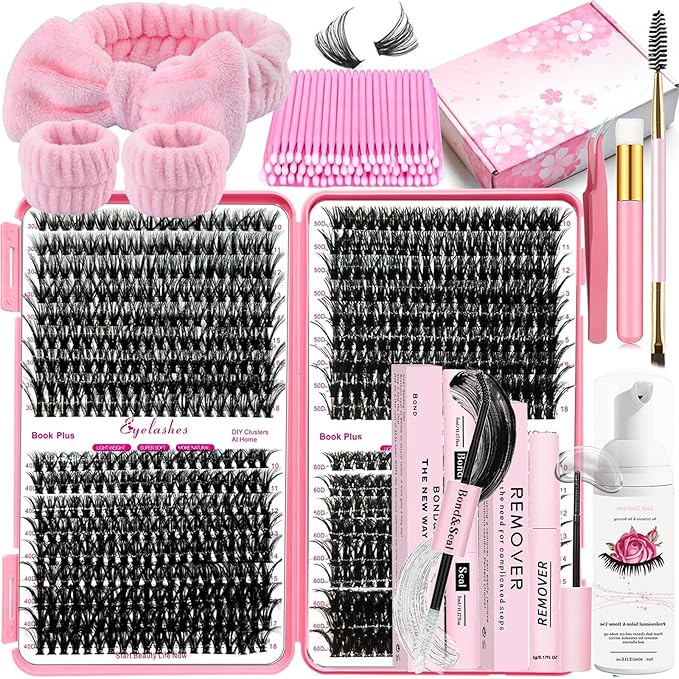 DNSGOOR DIY Lash Extension Kit 720Pcs 10-18mm D Curl Lashes Clusters with Lash Bond and Seal Glue Remover Lash Shampoo Cleansing Brush Headband Wristband Tweezers Eyelash Brush Applicator