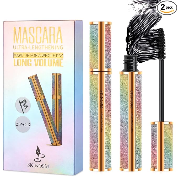 2 Pack Black Volume & Length Lasting All Day Mascara, 4D Silk Fiber Lash, Waterproof Lengthening No Clumping & Smudging