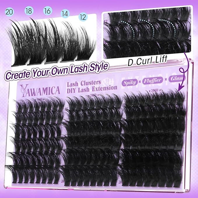 Wispy Lash Clusters 160D 200D 300D Mixed Volume Cluster Eyelash Extensions Fluffy Spiky Eyelash Clusters 12-20mm D Curl Individual Lashes Soft Reusable Cluster Lashes DIY Lash Extension by Yawamica