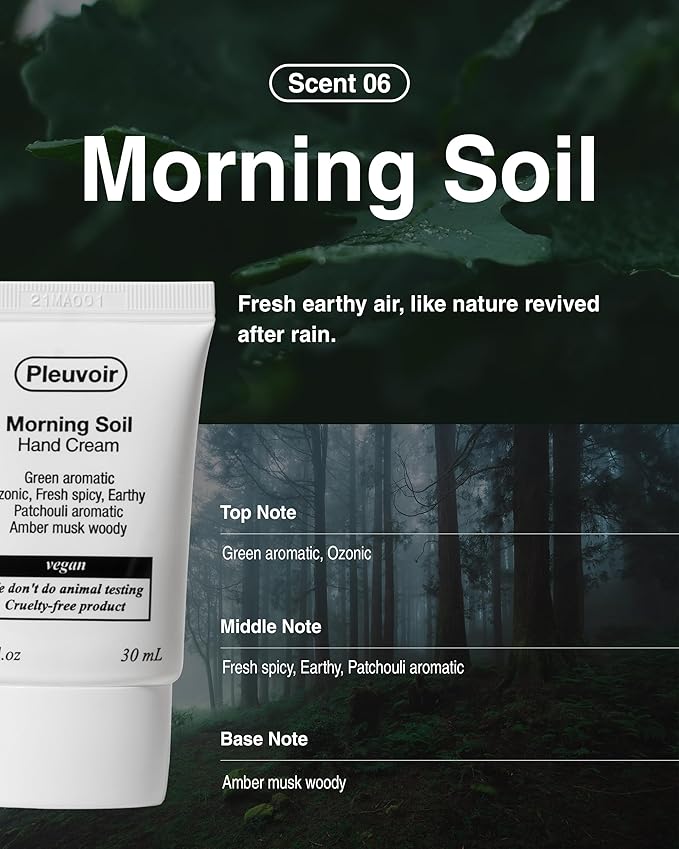 Pleuvoir Morning Soil Petrichor Perfume Hand Cream for Men & Women, Travel Size with 5 Hyaluronic Acids & Shea Butter, Non-Greasy K-Beauty Moisturizer, Earthy Woody Niche Fragrance, French MANE 1 oz