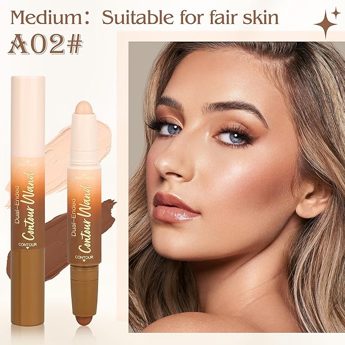 2Pcs Contour Highlighter Stick Set，2-in-1 Dual-Ended Cream Bronzer & Highlighter Sticks Pen for Face Body Contouring Makeup- Buildable，Waterproof, Easy to Apply Suitable for Beginners(01+02)