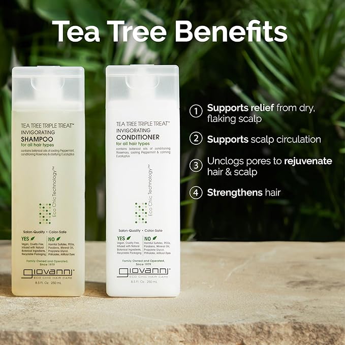 GIOVANNI Tea Tree Triple Treat Invigorating Shampoo & Conditioner Set - Cooling Peppermint, Eucalyptus, Rosemary, Helps Dry, Flaky Scalp, Salon Quality, Vegan, Cruelty Free, Paraben Free - 8.5 oz Each