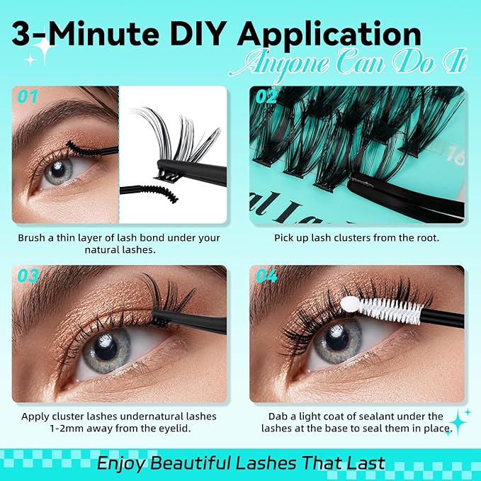 Lash Clusters Kit 60D 80D Eyelash Extension Kit,Lash Bond and Seal Waterproof,Lash Remover for Individual Cluster Lashes Kit,Lash Applicator Tool for DIY Lash Extension Kit(D-Mix9-16mm Kit)