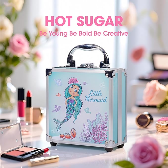 Hot Sugar Girls Makeup Kit for Teenagers 13-15 Includes Eyeshadow Lip Gloss Blush Highlighter Contour Brush (Blue Mermaid)