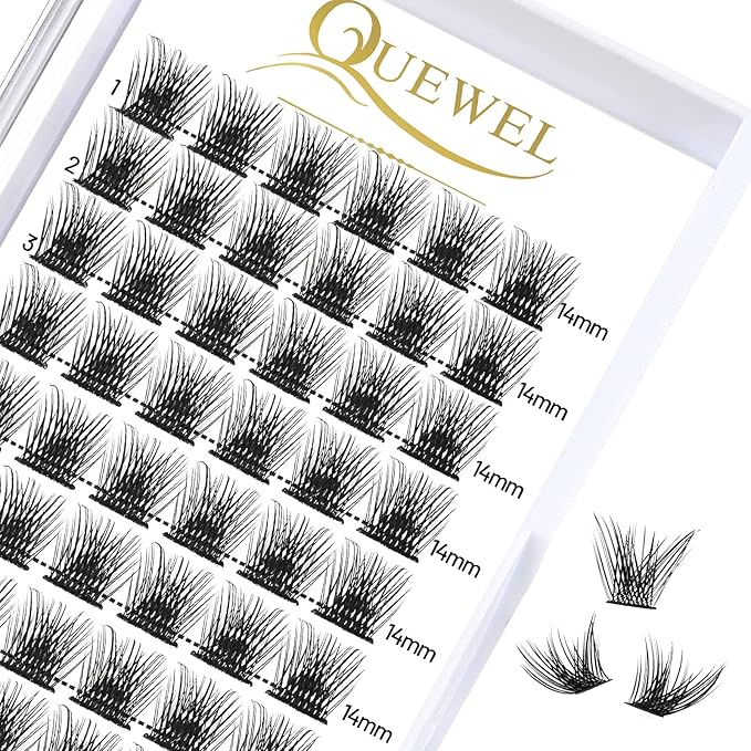 QUEWEL Cluster Lashes 72 Pcs Wide Stem Individual Lashes C/D Curl 8-16mm Length DIY Eyelash Extension False Eyelashes Soft for Personal Makeup Use at Home (Fluffy-C-14)
