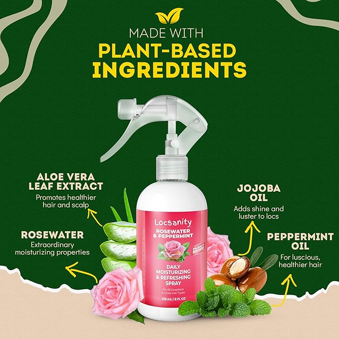 Locsanity Daily Moisturizing Rose Water and Peppermint Hair Scalp Refresher for Locs and Dreadlocks - Natural Loc Care and Maintenance (8oz)