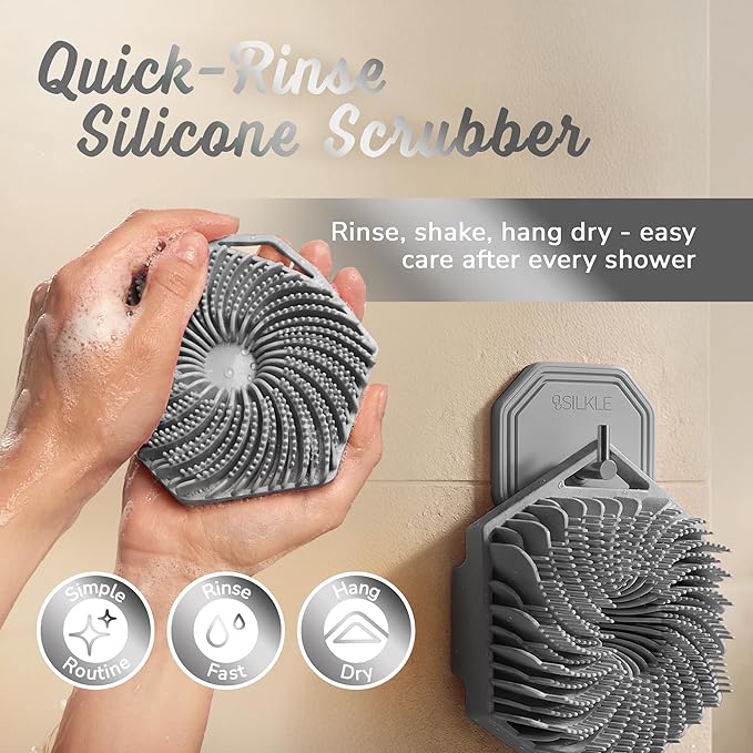 SILKLE Silicone Body Scrubber – Gentle Exfoliating Shower Scrubber for Body & Bath, Silicone Shower Brush & Loofah Alternative – Non-Slip Silicone Body Brush, Quick Dry, Hygienic - Gray