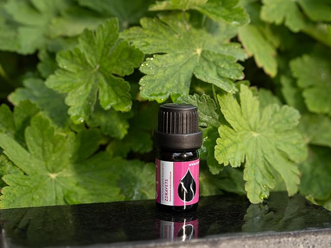 Essences Bulgaria Organic Zdravets Essential Oil 1/6 Fl Oz | 5ml | Geranium macrorrhizum | 100% Pure and Natural | Undiluted | Therapeutic Grade | Family Owned Farm | Steam-Distilled | Non-GMO | Vegan