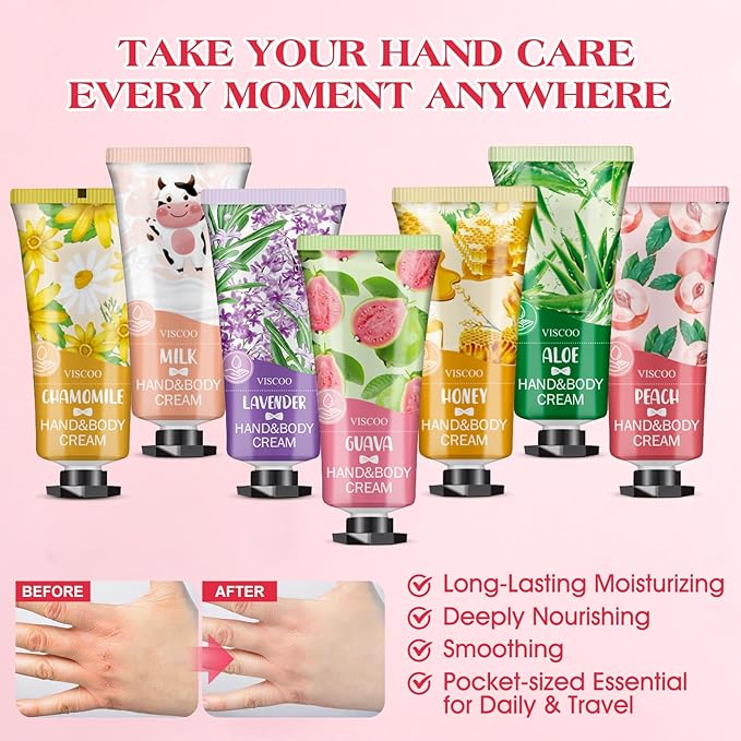 VISCOO 7 Pack Hand Cream Gifts Set for Women, Teacher Appreciation Gift / Graduation Gifts, Moisturizing Mini Hand Lotion Travel Size for Dry Cracked Hands, Birthday Gift