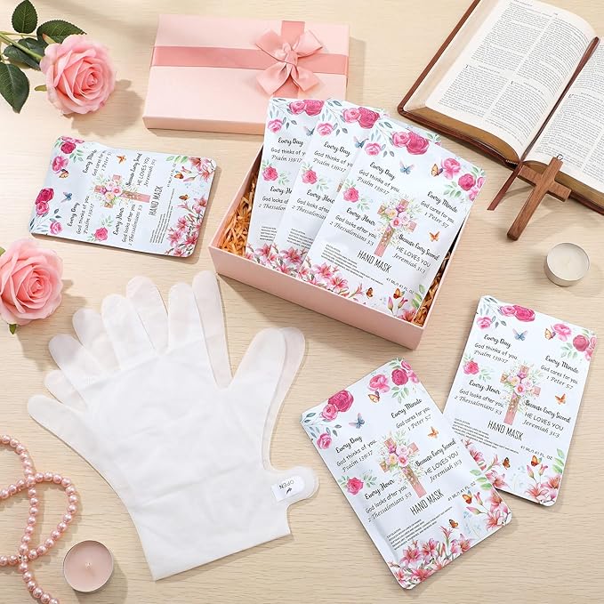 Loopeer 12 Pcs Christian Gifts for Mothers Day Religious Hand Mask Bible Verse Gloves for Skin Dry Hydrating Hand Masks Moisturizer Rose Gloves for Mom Grandma Church Prayers Coworker