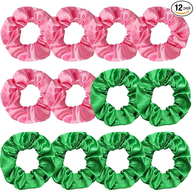 Silk Scrunchies for Women Girls 12 PCS Pink&Green Hair Scrunchies Silk Satin Hair Ties for Thick Hair Bulk Hair Ties Hair Accessories