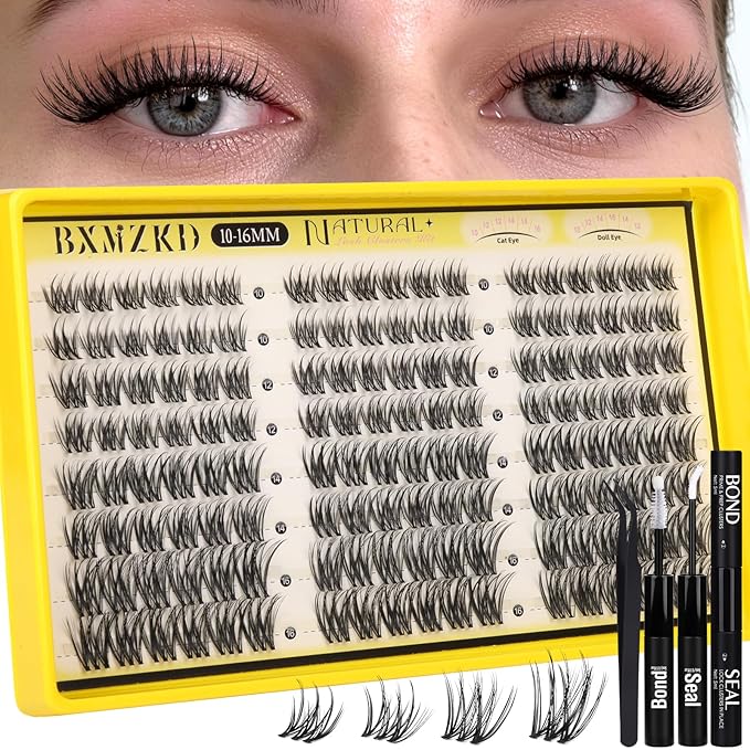Natural Lash Clusters Kit Wispy Eyelash Clusters Kit with Invisible Band 10-16mm C Curly Natural Cluster Eyelash Extensions DIY Wispy Eye Lash Clusters with Bond & Seal and Tweezers