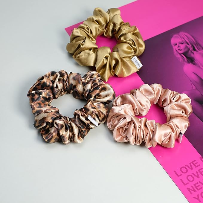 MTSNOO Silk Scrunchies, 100% Pure 22 Momme Mulberry, 3 Pack, RoseGold+GoldLeopard+Gold, Hair Ties for Curly Hair, Elastic Band, Scrunchies Set for Women Girls