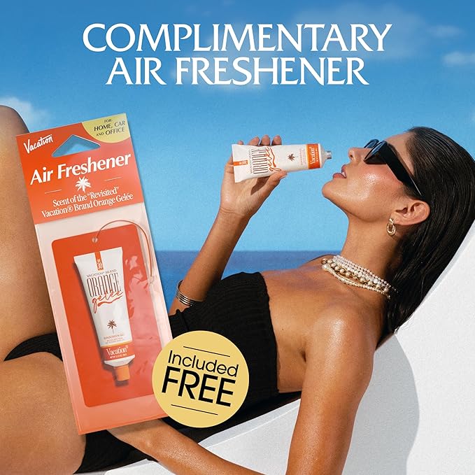 Vacation Orange Gelée SPF 30 Ultimate Bundle — Gel Tube Sunscreen, Spray Oil Sunscreen & Hanging Car Air Freshener, Hydrating Broad Spectrum UVA/UVB Protection, French Riviera Scent, Travel-Ready