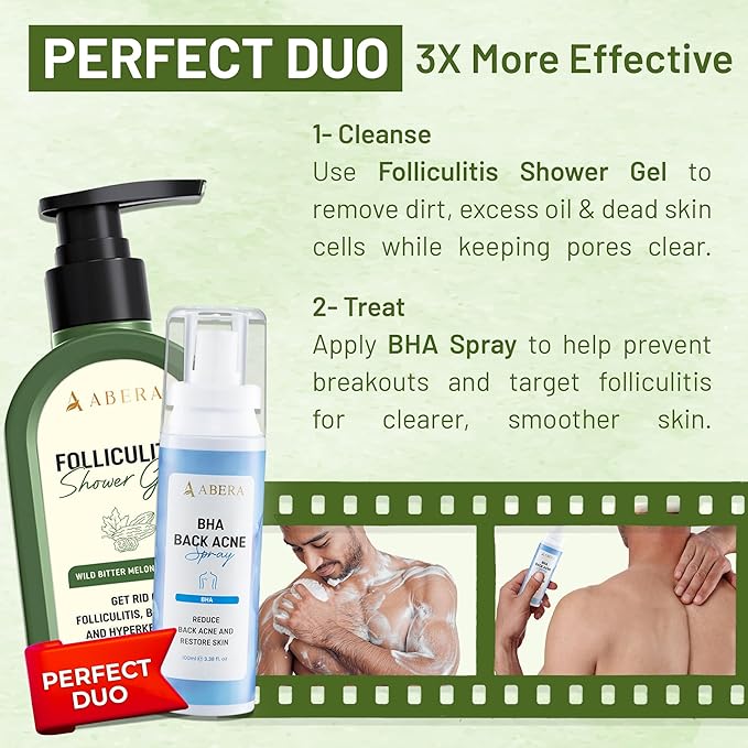 ABERA Folliculitis Shower Gel, High-Performance BHA Body Wash with Wild Bitter Melon Extract, 1 BOX + GIFT Back Acne Spray with Neem & Scutellaria Extract, Azelaic Acid, Clears Acne & Fades Dark Spots