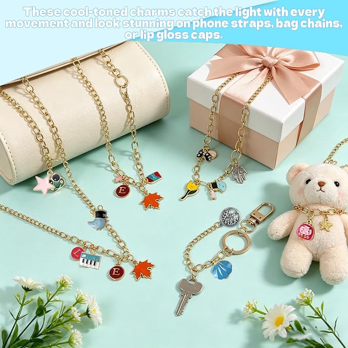 WANRSUDY 359 Pcs Charms Lip Gloss Keychain Making Kit-DIY Lip Balm Charms Kit Including Letter Clip Hooks Lobster Clasps Chains Jump Rings Complete Beginner Craft Set for Women DIY Gift