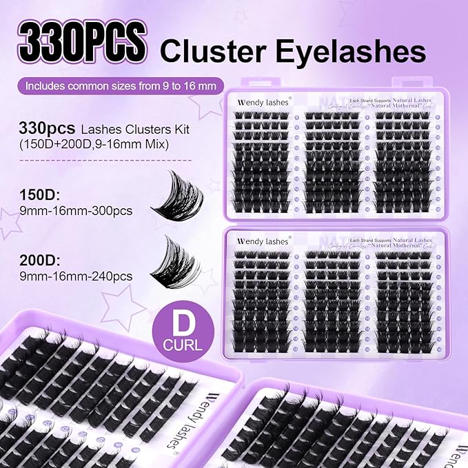 WENDY LASHES Clusters 150D+200D Eyelash Clusters 330PCS 9-16mm D Curl Natural Lashes Fluffy Wispy False Eyelashes DIY Cluster Eyelash Extensions