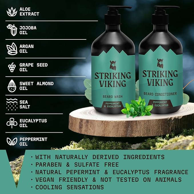Striking Viking Beard Wash & Conditioner - 20 fl oz, Peppermint & Eucalyptus - Deep Clean & Itch Relief Beard Shampoo and Conditioner for Men - Hydrating Jojoba Facial Oil Treatment