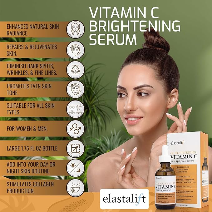 Elastalift Vitamin C Facial Serum For Age Spots, Wrinkles, & Expression Lines. Anti-Aging Face Serum W/Vitamin C & Hyaluronic Acid Brightens Skin To Promote Healthier Skin Complexion (2-Pack)
