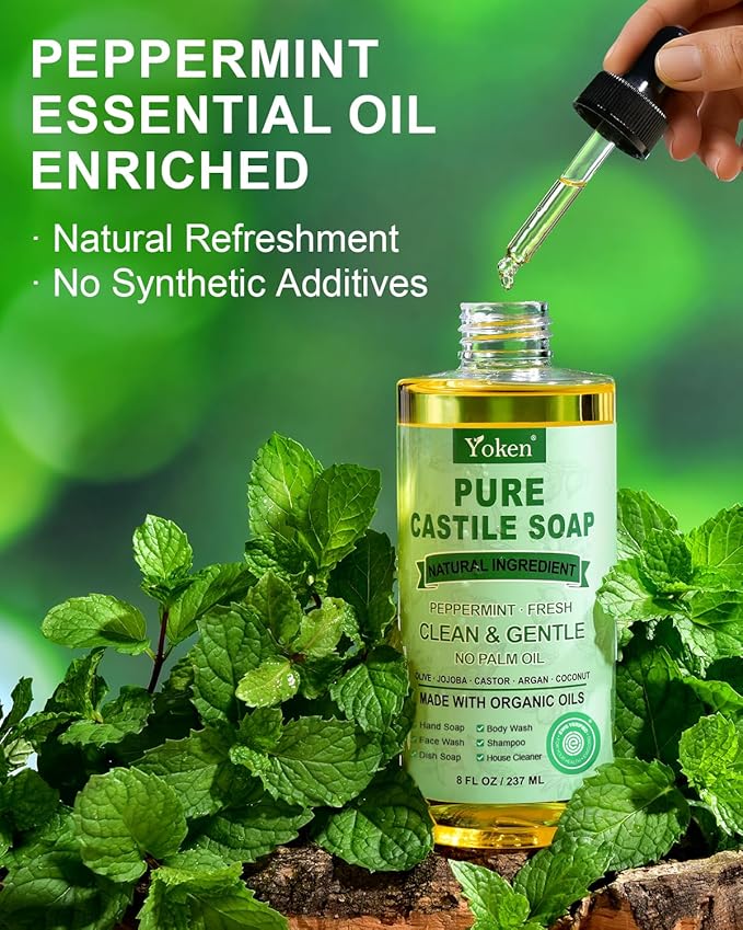 Yoken Peppermint Castile Soap Liquid 8 OZ, Made with Certified Organic Oils, Gentle Peppermint Soap for Body Wash, Face, Hands, Dishes, Laundry & More - Vegan & Natural Ingredients Versatile Cleanser