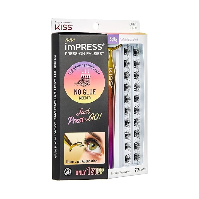 KISS imPRESS Falsies Press On Self Adhesive Eyelashes, 12mm-14mm Glam Volume Press On Lashes, Black, No Glue Needed, Invisible Band, Lash Clusters & Non-Stick Applicator - Spiky 20 Count (Pack of 2)