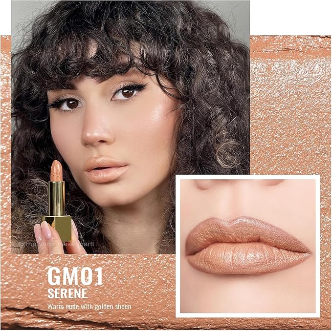 Oulac Matte Nude Lipstick with Glow Metallic Finish - Vegan Lipstick for Women, Creamy Texture, Hydrating Clean Beauty Formula, High-End Magnetic Hook Design, GM01 Serene