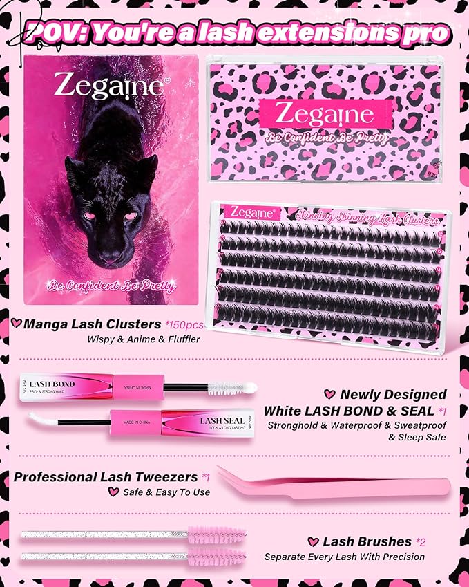 Wispy Lash Clusters Kit Manga Eyelash Clusters 12-16MM D Curly Fluff Lashes Clusters Kit Manga Cluster Eyelash Extensions Anime Individual Lashes Kit with Lash Bond&Seal Tweezers Brushes by Zegaine