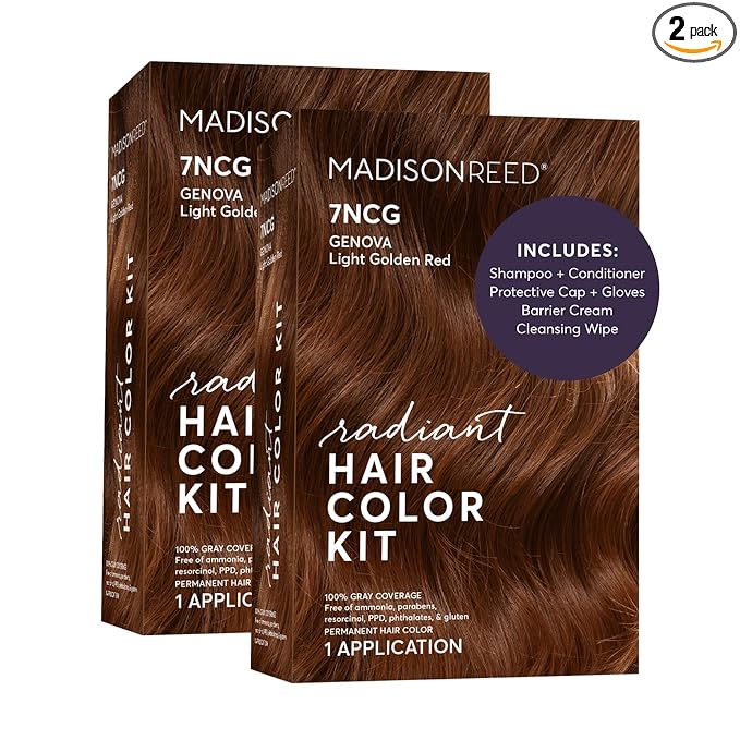 Madison Reed Radiant Hair Color Kit - 7NCG Light Golden Copper (Genova Red), Dimensional Gray Hair Blending Permanent Hair Dye, PPD-Free & Ammonia-Free, 2 Pack