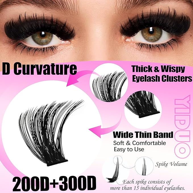 YIDUO Lashes Clusters Kit 200D+300D+Spikes+Bottom Cluster Lash Extensions Kit with Lash Bond and Seal |Tweezers |Removers |Eyebrow Brush (200D+300D-10-18MIX Thick Kit)