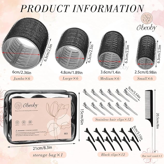 4 Sizes Self-Grip Hair Rollers Set - 50 Pcs Jumbo Curlers for Long, Short Hair and Bangs (25mm, 36mm, 48mm, 60mm) With Clips, Black