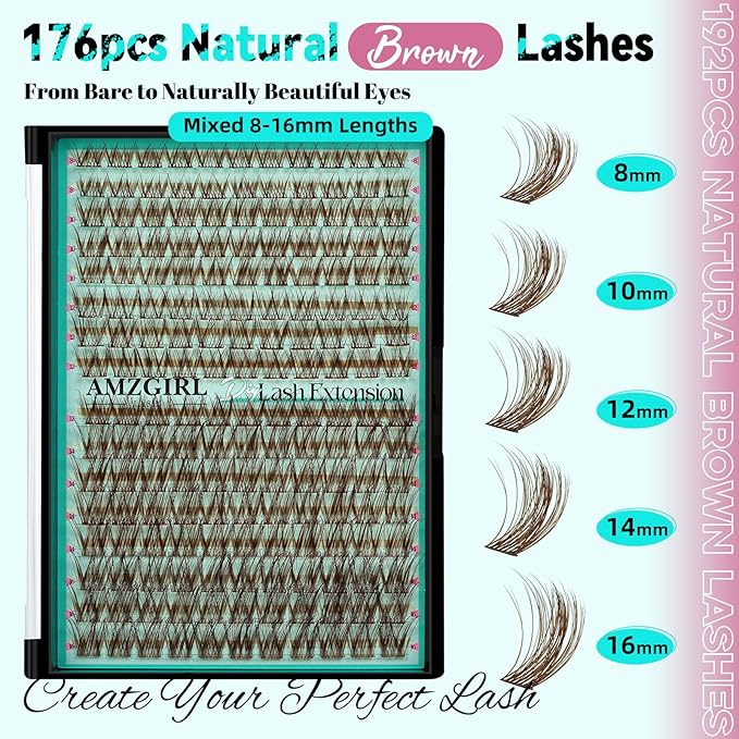 Brown Lash Clusters Kit 176Pcs Natural Eyelash Extensions Kit Dark Brown Wispy Eyelashes Cluster Individual Lashes C Curl with Bond and Seal,Lashes Remover,Eyelash Tweezers(Halos,8-16mm Kit)