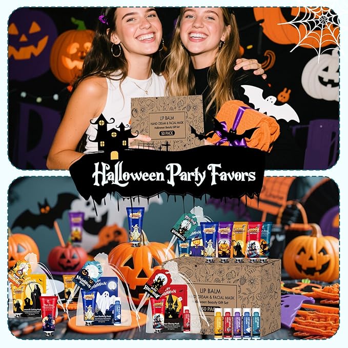 50 Pack Halloween Hand Cream, Facial Mask and Lip Balm Set, Bulk Halloween Gifts for Women, Halloween Decorations, Halloween Party Favors, Halloween Basket Stuffers and Halloween Skincare