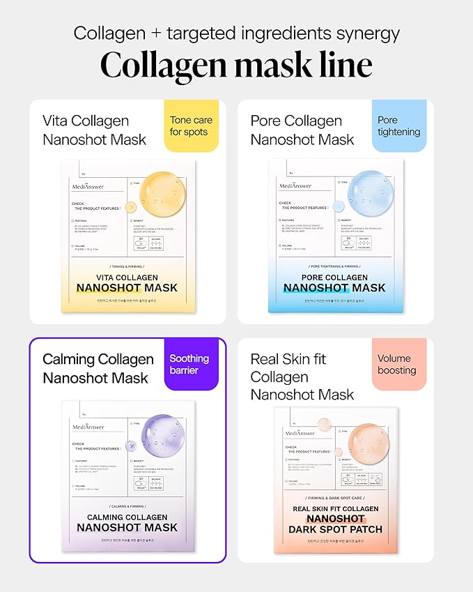 Calming Collagen Nanoshot Mask - Korean Hydrogel Face Sheet Masks with Calming Cica & Azulene, 100Da Nano Collagen + 5 Ceramides, Cooling Soothing Barrier Care for Sensitive Skin, 5 Sheets