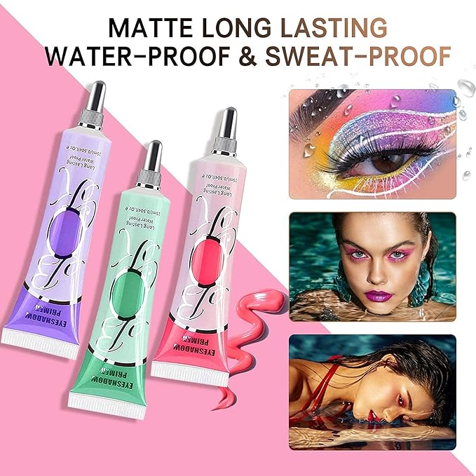 LOKFAR 3 Pack Matte Eyeshadow Primer for Oily Lids No Crease Violet Green Pink Color Eye Makeup Eye Primer Base Waterproof & Smudge-proof & Long Lasting Cream Liquid Eye-shadow for All Shadows (Set D)