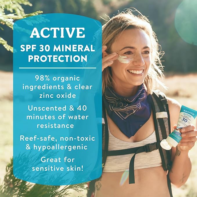Badger Mineral Sunscreen Cream SPF 30, Zinc Oxide Sun Care, 98% Organic, Reef Safe, Water Resistant, Unscented Face and Body Sunscreen Travel Size, 2.9 fl oz, 2-Pack
