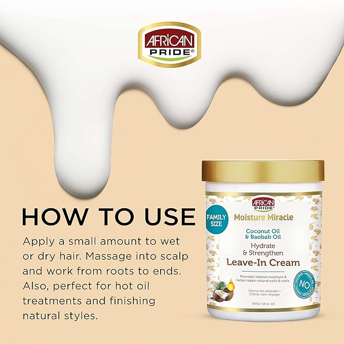 African Pride Moisture Miracle Leave-In Cream with Baobab Oil & Coconut Oil for Coily & Curly Hair, Adds Moisture, Helps Repair & Strengthen, 18 oz
